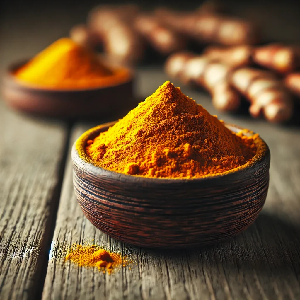 Kurkuma met op de achtergrond de wortel van de Curcuma longa plant