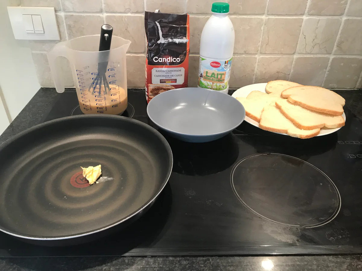Bread, eggs, milk and a pan for French toast.