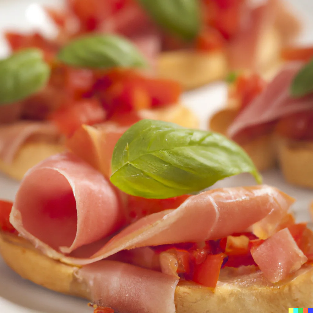 Geröstete Bruschetta mit Tomaten, Schinken und frischem Basilikum