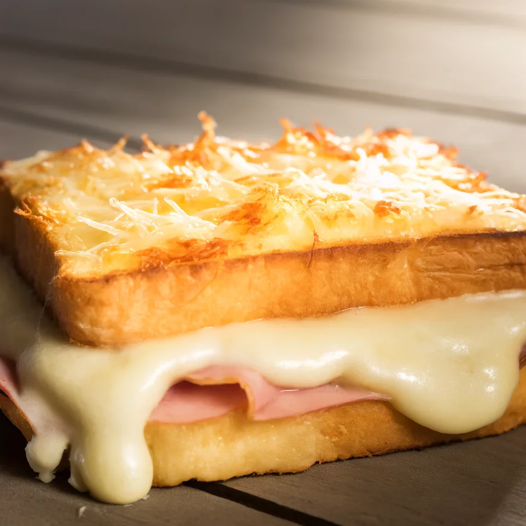 Nahaufnahme eines französischen Croque-Monsieur-Sandwichs mit cremiger Béchamelsauce und geschmolzenem geriebenem Käse darauf.