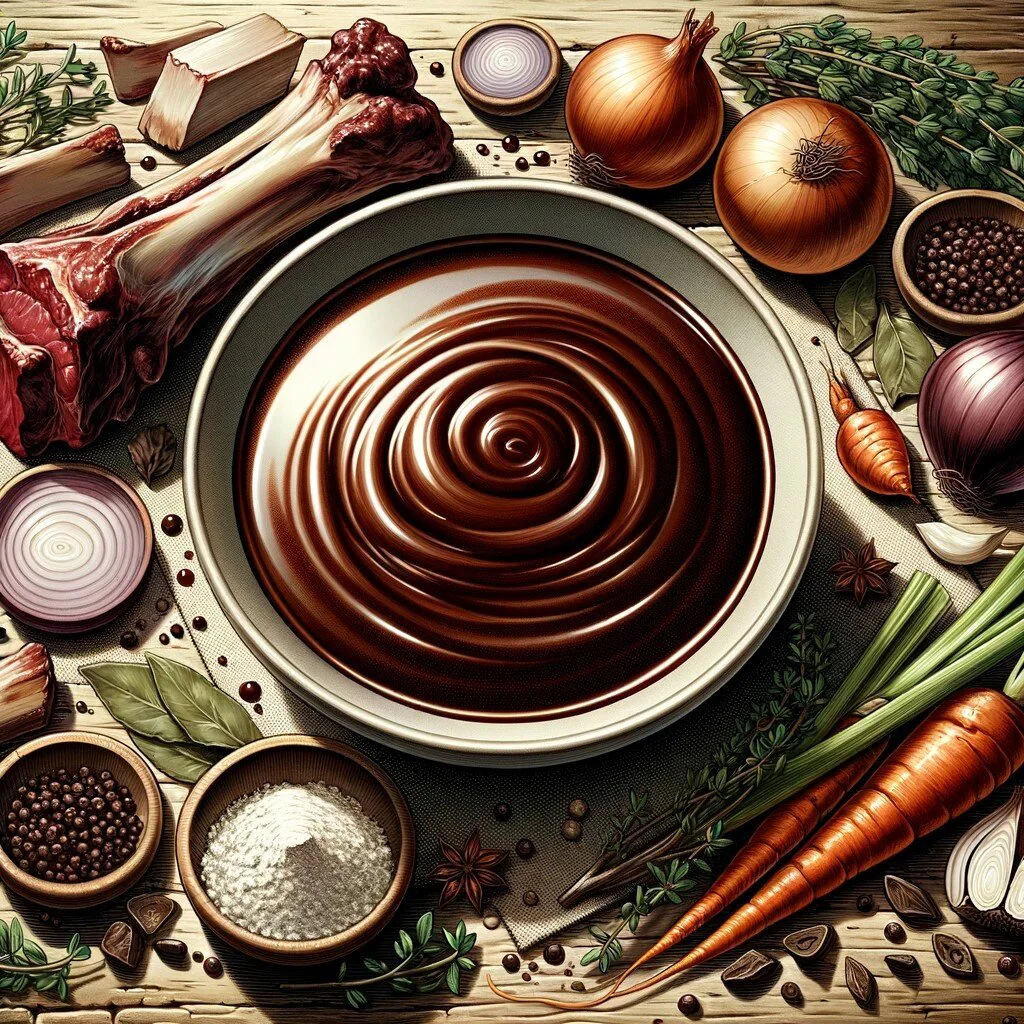Kräftige Demi-glace-Sauce mit einem Bouquet garni eingekocht