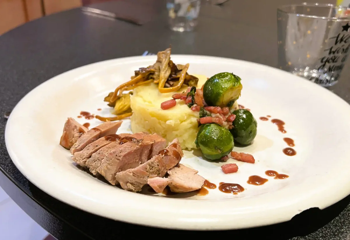 Pheasant breast with seasonal vegetables on parsnip mash