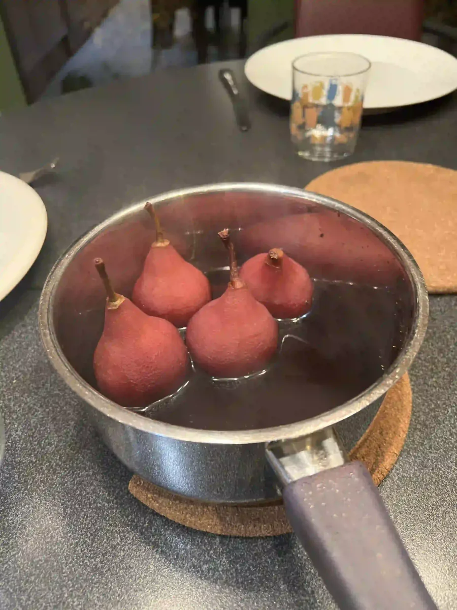 Poached pears in red wine syrup