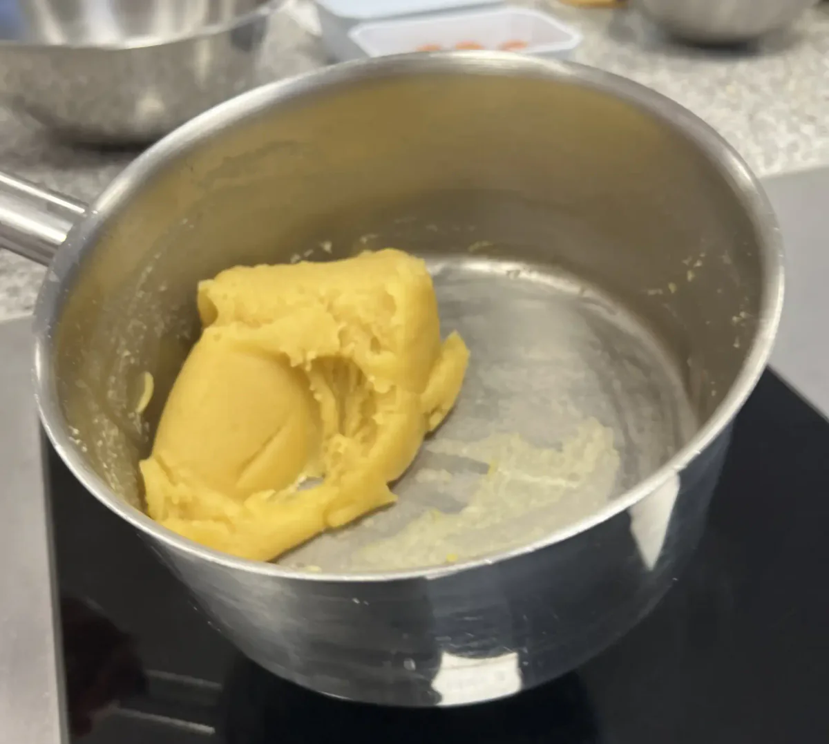 Choux pastry in a saucepan.