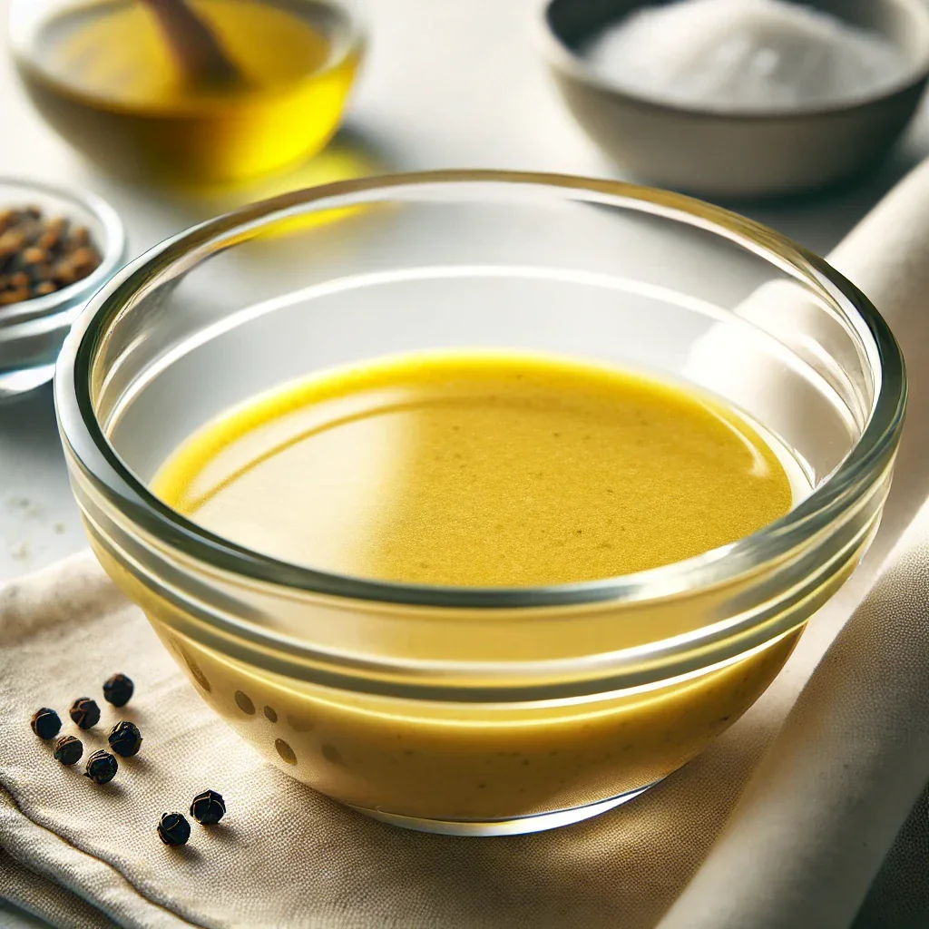 Senf-Vinaigrette mit Öl, Essig, Senf, Pfeffer und Salz