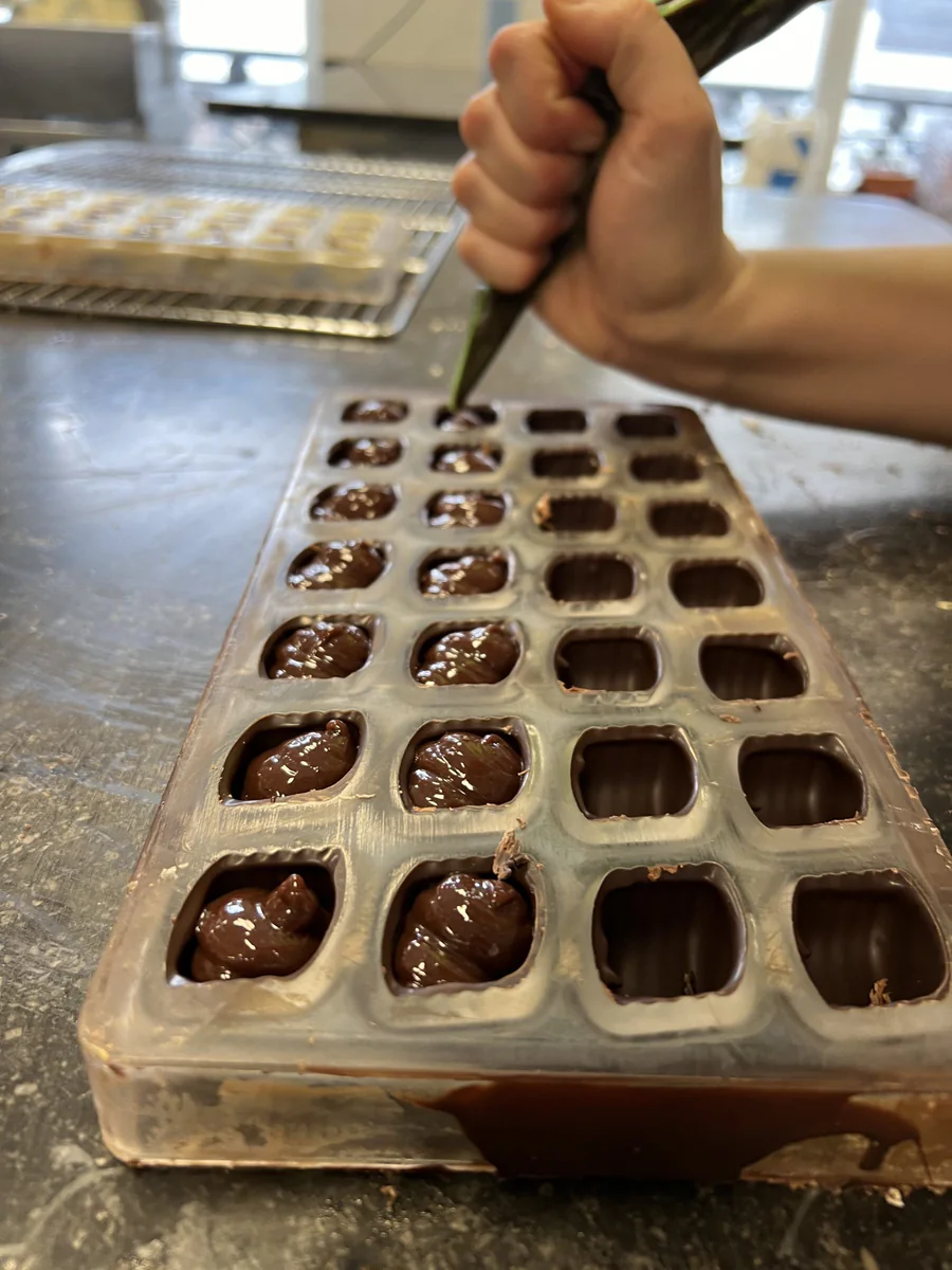 Füllung in rechteckige Pralinenformen spritzen.