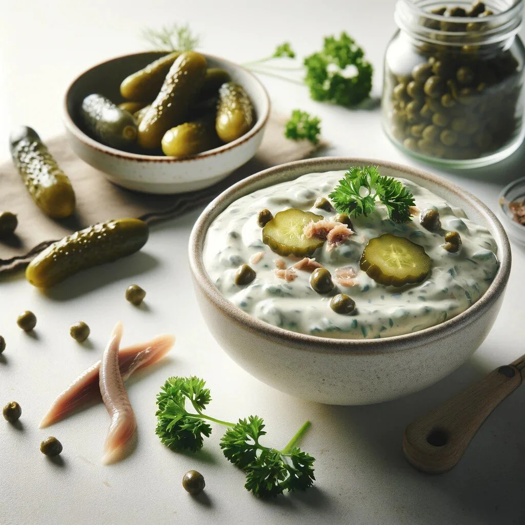 Remouladensauce mit fein gehackten Gewürzgurken, Kapern und Kräutern