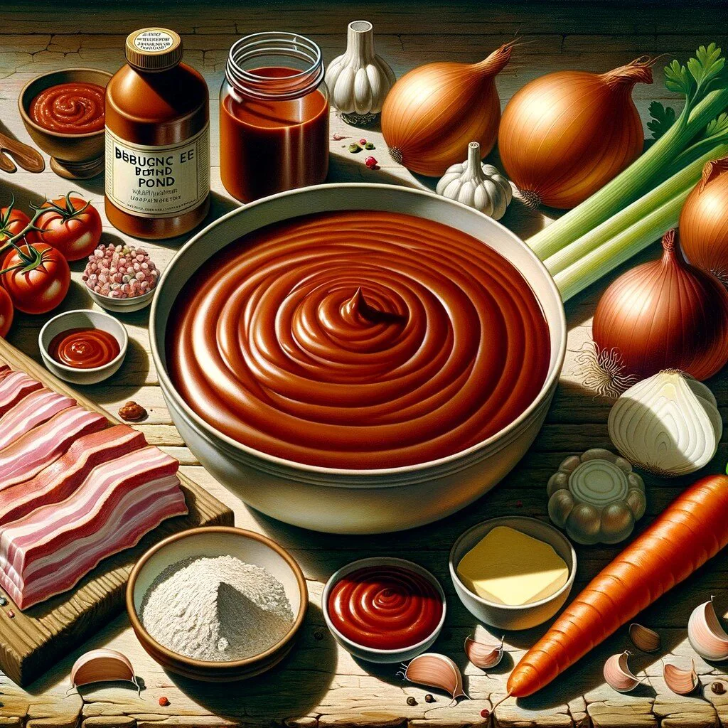 Espagnole sauce with bacon, carrot, onion, garlic, celery, tomato purée, flour, butter and brown stock