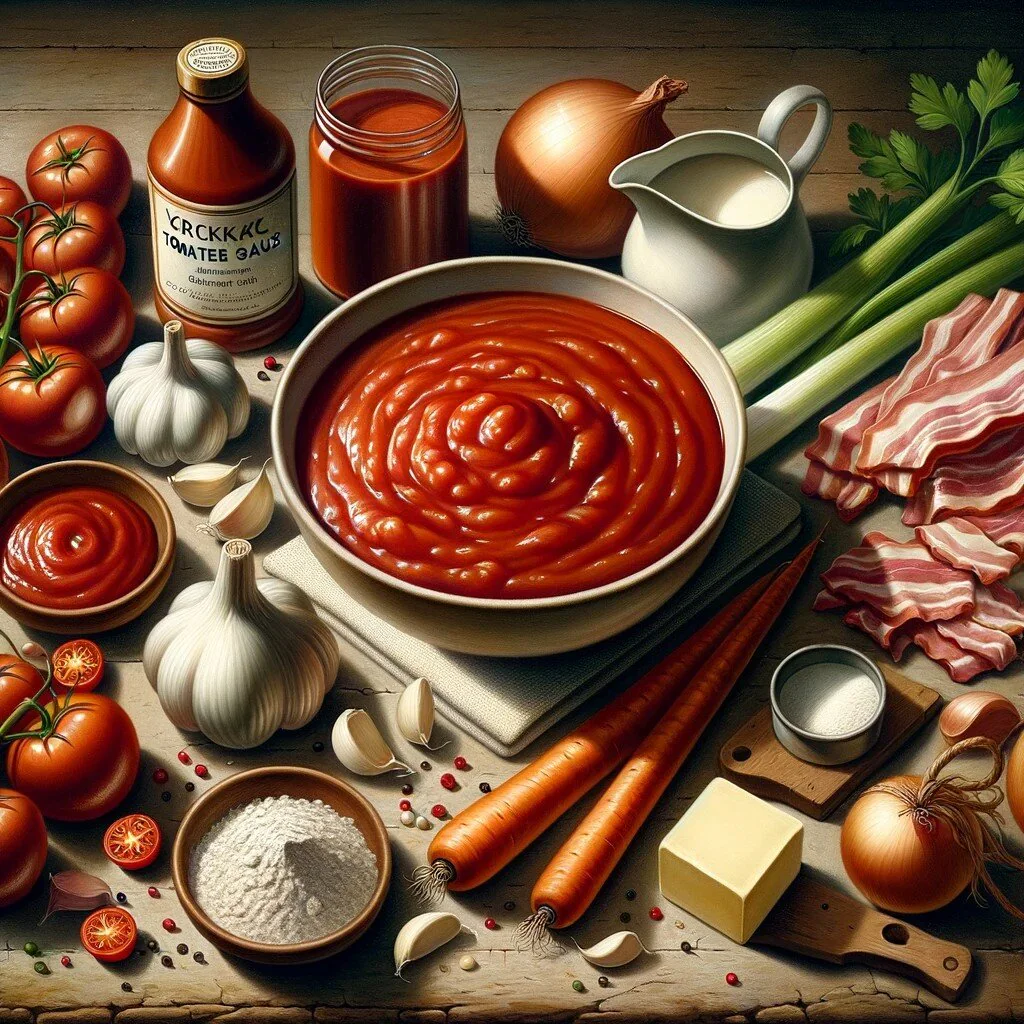 Tomatensauce mit Zwiebel, Knoblauch, Möhre, Sellerie, Speck, Mehl, Tomatenmark und Tomatenfruchtfleisch
