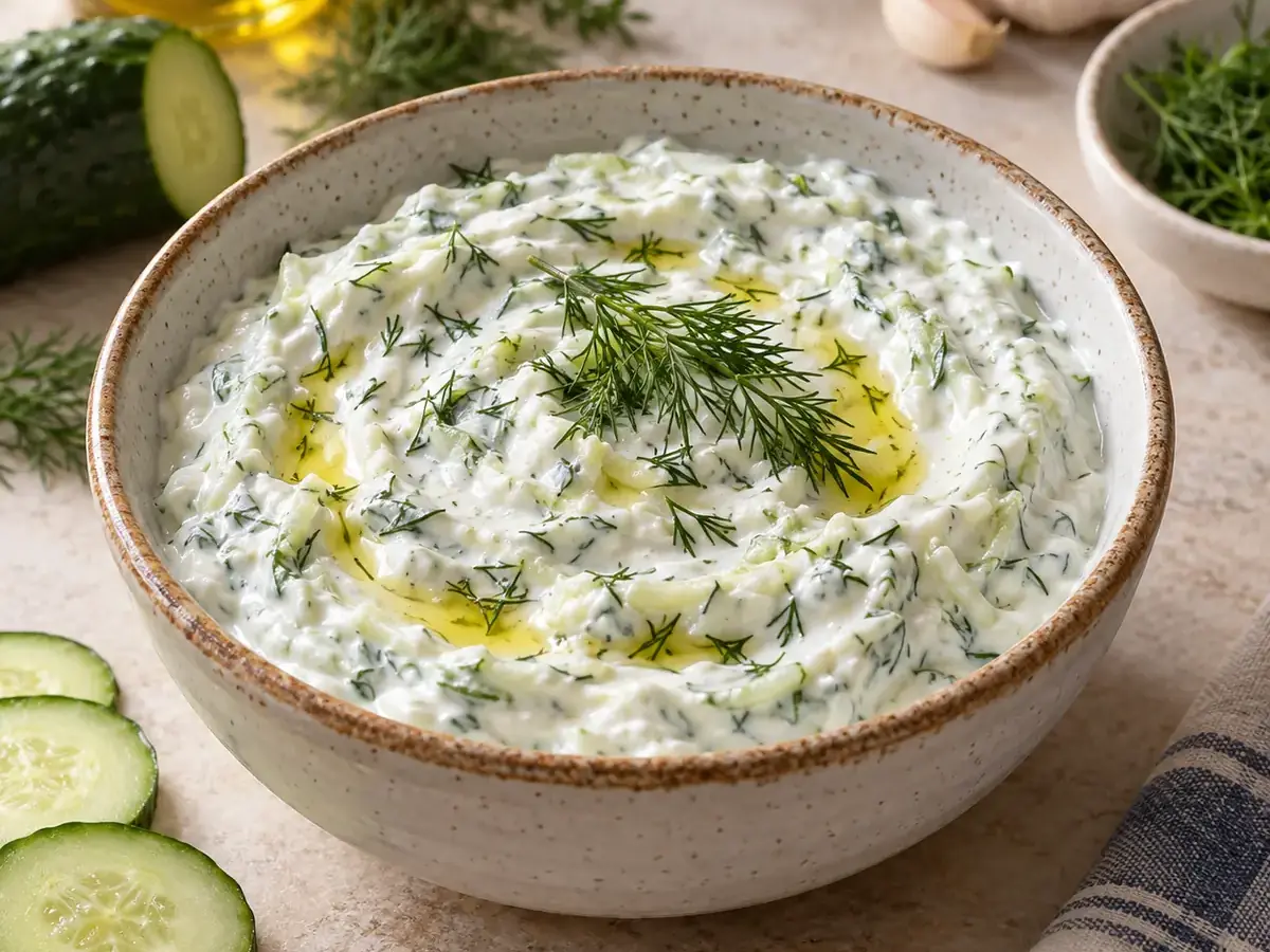 Tazón de tzatziki fresco con pepino, eneldo y aceite de oliva