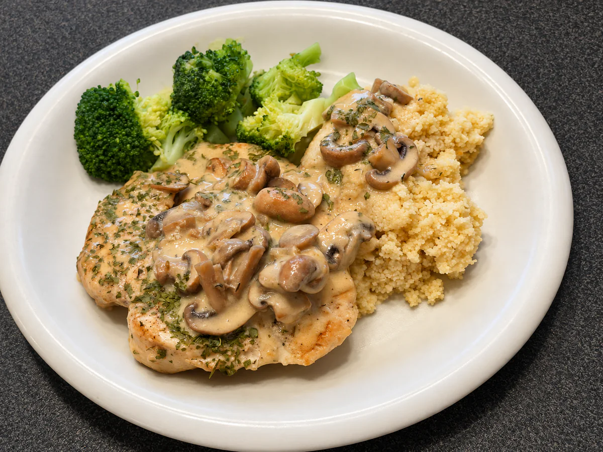 Kipfilet met champignonroomsaus, broccoli en couscous