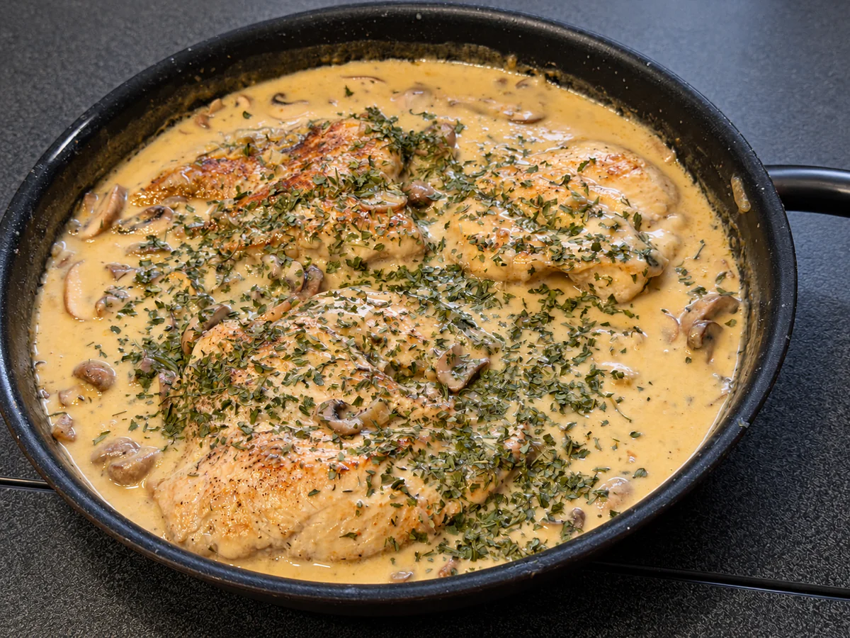 Kipfilet in champignonroomsaus met peterselie in de braadpan