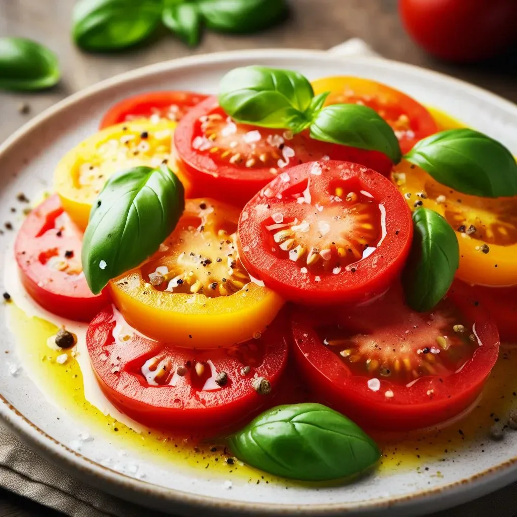 Tomato salad with yellow and green tomatoes, basil and dressing