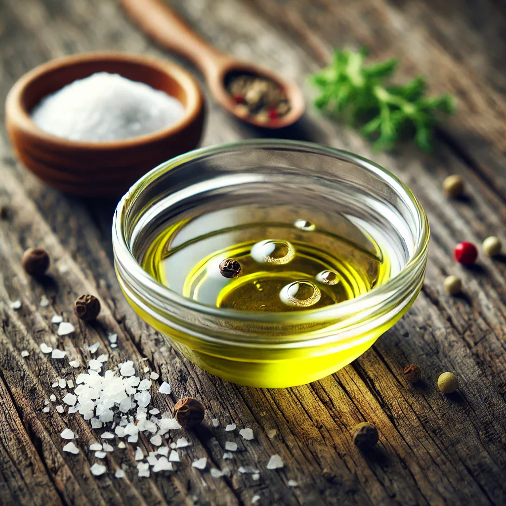 Einfache Vinaigrette aus Öl, Essig, Pfeffer und Salz