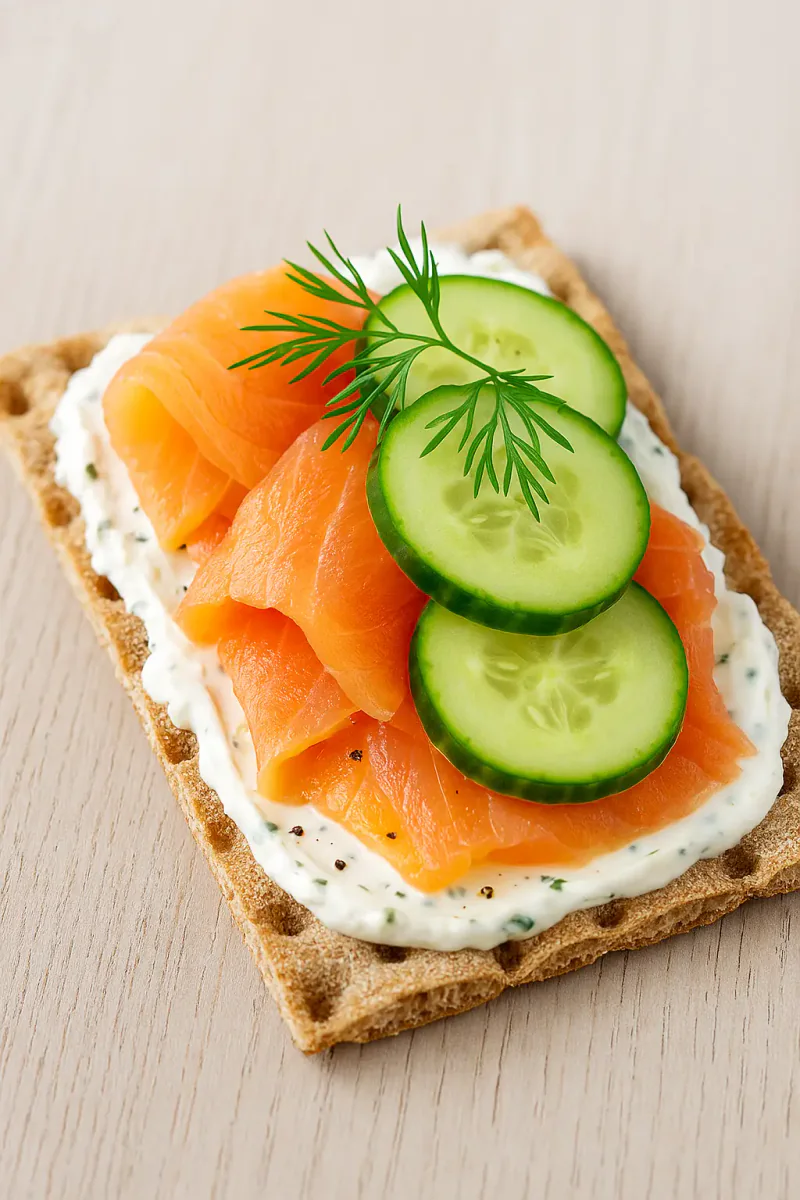 Knäckebröd met heksenkaas, zalm, komkommer en dille