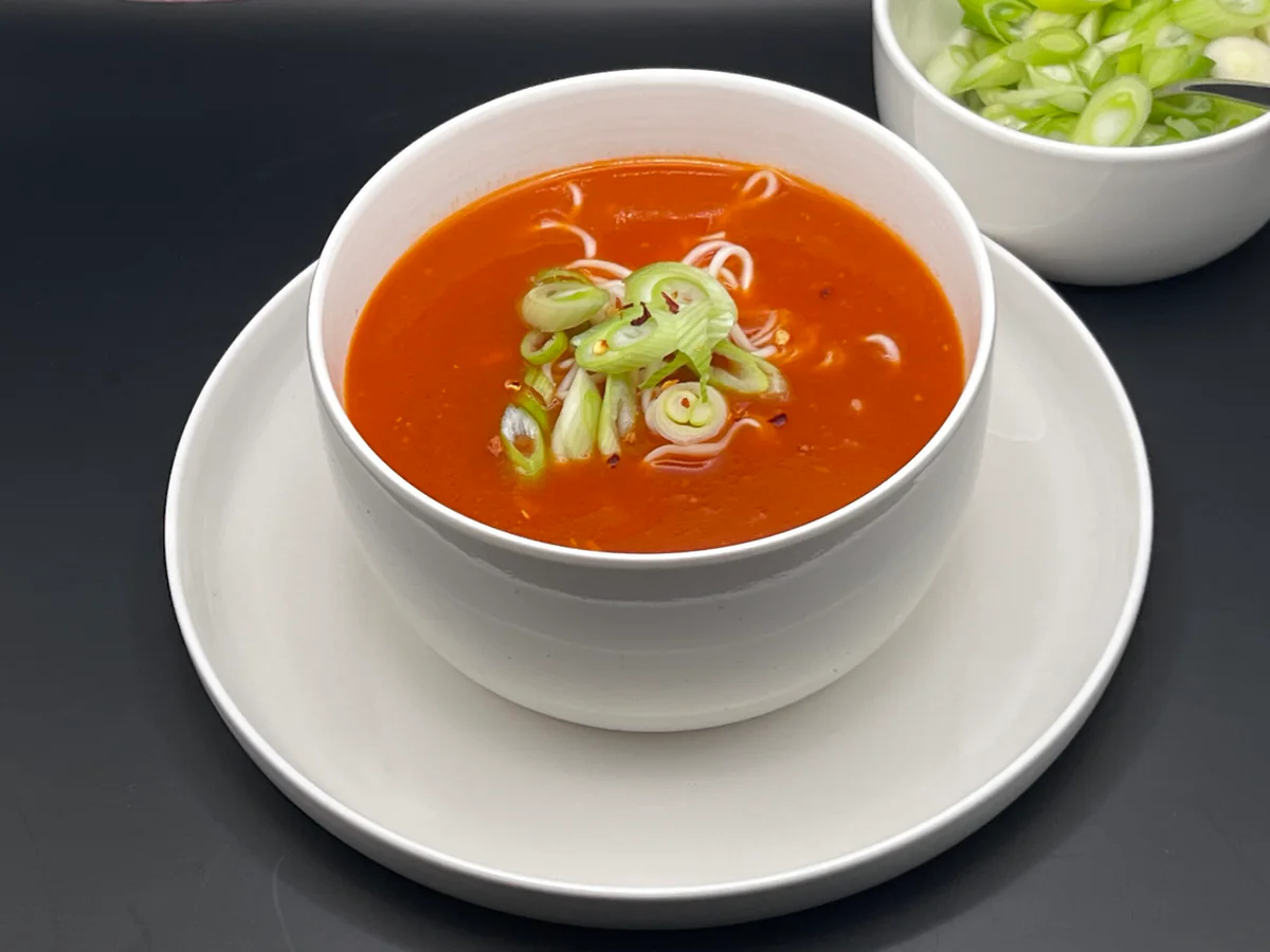 Chinese tomato soup viewed from the front