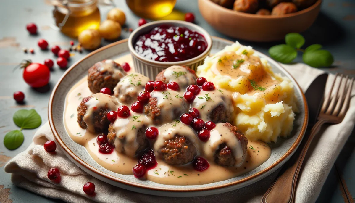 Schwedische Fleischbällchen auf einem Teller mit cremiger Sauce, Kartoffelpüree und Preiselbeerkonfitüre