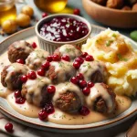 Photo of Swedish meatballs on a plate, smothered in creamy gravy, served alongside mashed potatoes and lingonberry jam