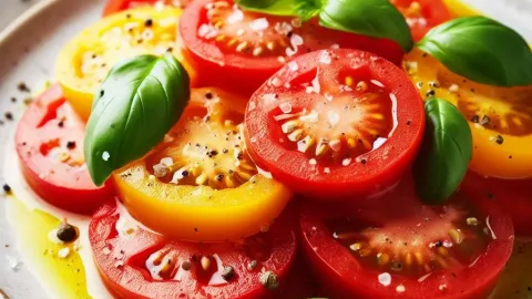 Tomatensalade van gele en groene tomaten met basilicum en dressing