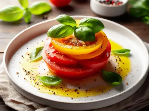 Tomatensalade (torentje) van gele en groene tomaten met basilicum en dressing