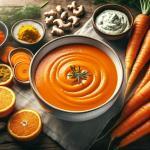 A bowl of vibrant, bright orange carrot soup with no toppings, placed on a rustic wooden table. Beside the bowl, display key ingredients_ whole carrot