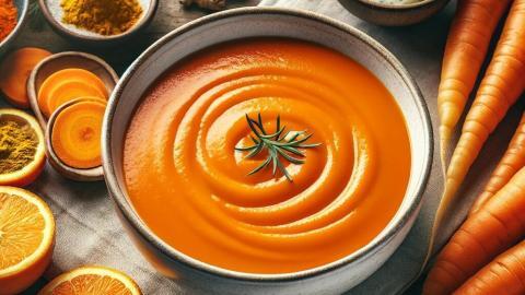 A bowl of vibrant, bright orange carrot soup with no toppings, placed on a rustic wooden table. Beside the bowl, display key ingredients_ whole carrot