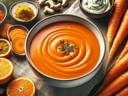 A bowl of vibrant, bright orange carrot soup with no toppings, placed on a rustic wooden table. Beside the bowl, display key ingredients_ whole carrot