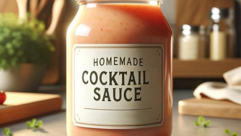 A realistic image of a jar of cocktail sauce, placed on a kitchen counter with ambient lighting. The glass jar should have a label that says 'Homemade
