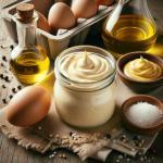 Mayonaise - A glass jar filled with homemade mayonnaise in the center of the image, surrounded by its ingredients. The ingredients include a whole egg, a bottle oil