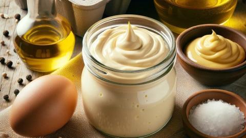 Mayonaise - A glass jar filled with homemade mayonnaise in the center of the image, surrounded by its ingredients. The ingredients include a whole egg, a bottle oil