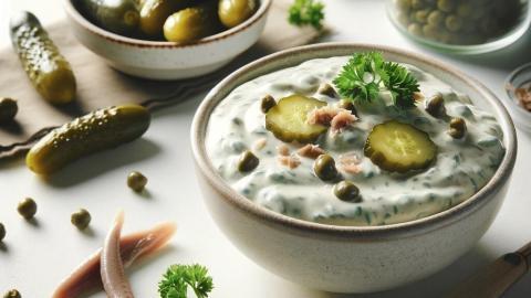 A refined presentation of remoulade sauce in a small bowl, with a focus on fewer ingredients. The sauce is garnished with chopped gherkins, capers