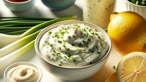 A culinary presentation of tartar sauce in the center of the image, generously garnished with finely chopped chives. Surrounding the bowl of tartar the ingredients