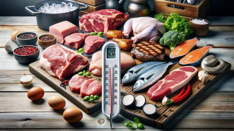 Kerntemperatuur - An image displaying a variety of meats and fish including beef, pork, chicken, lamb, salmon, and tuna, with only one prominent thermometer in the fore ground