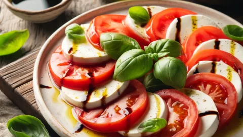 Caprese salade - tomaat - mozarella afgewerkt met olie en balsamico