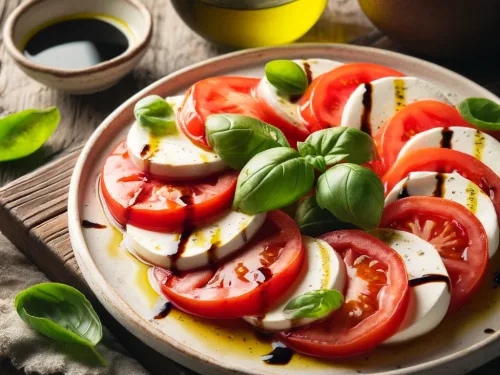 Caprese salade - tomaat - mozarella afgewerkt met olie en balsamico