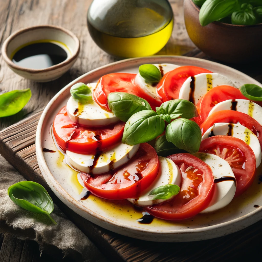 Caprese salade - tomaat - mozarella afgewerkt met olie en balsamico