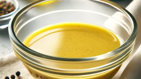 Mosterdvinaigrette met olie en azijn en mosterd peper en zout