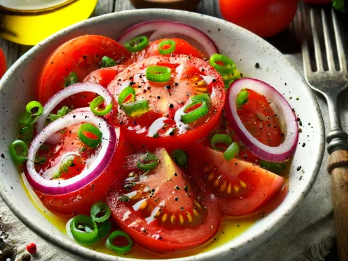 Tomatensalade met rode ui - lente ui - olijfolie - rode wijnazijn