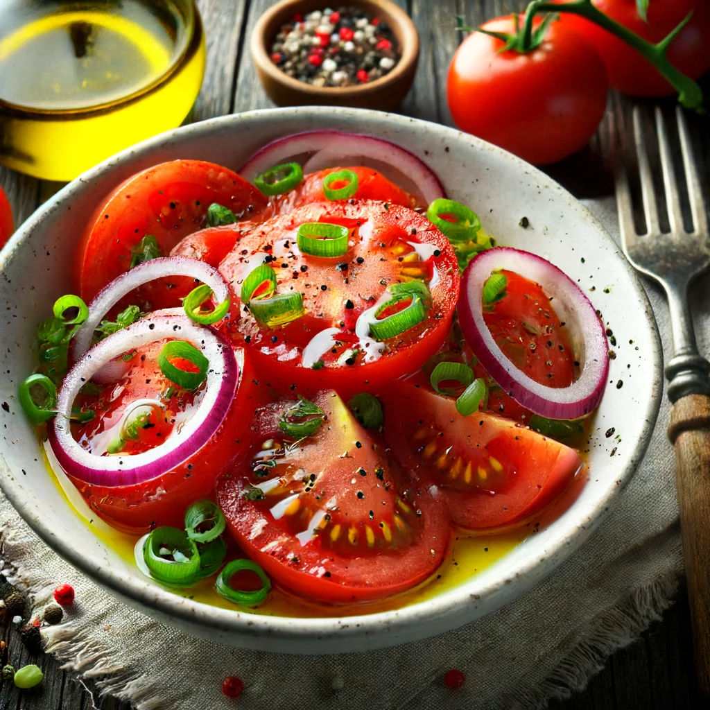Tomatensalade met rode ui - lente ui - olijfolie - rode wijnazijn