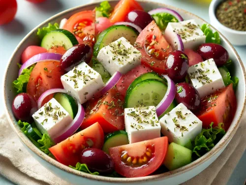 Griekse salade met rode ui feta komkommer olijven tomaten en oregano