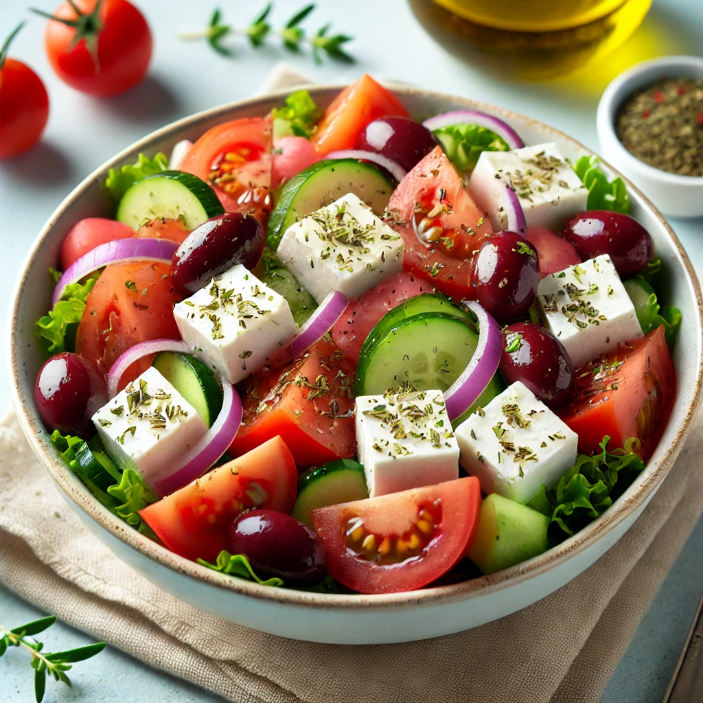 Griekse salade met rode ui feta komkommer olijven tomaten en oregano