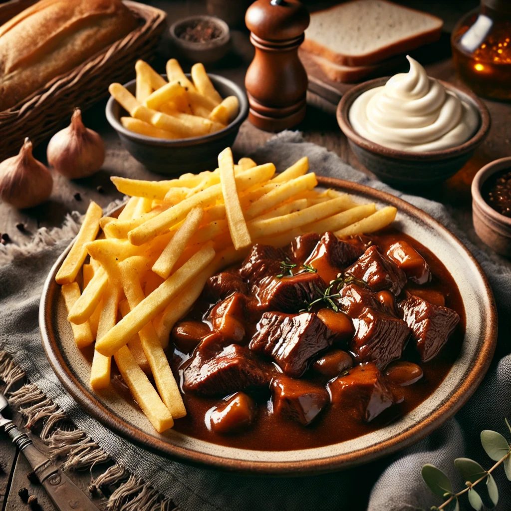 Bord vlaamse stoofvlees met versie gebakken frieten en huisgemaakte mayonaise