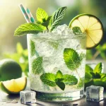 Glas Mojito met curshed ice, verse munt, limoen en suiker