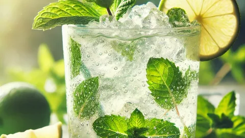 Glas Mojito met curshed ice, verse munt, limoen en suiker