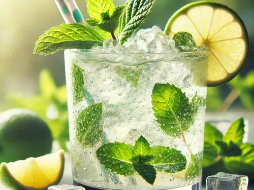 Glas Mojito met curshed ice, verse munt, limoen en suiker