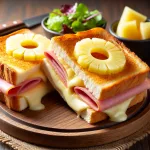 A French Croque Hawai sandwich, featuring two slices of toasted white bread filled with ham, melted cheese, and a slice of pineapple between the ham a