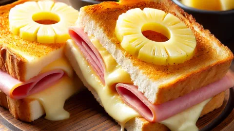 A French Croque Hawai sandwich, featuring two slices of toasted white bread filled with ham, melted cheese, and a slice of pineapple between the ham a