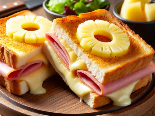 A French Croque Hawai sandwich, featuring two slices of toasted white bread filled with ham, melted cheese, and a slice of pineapple between the ham a