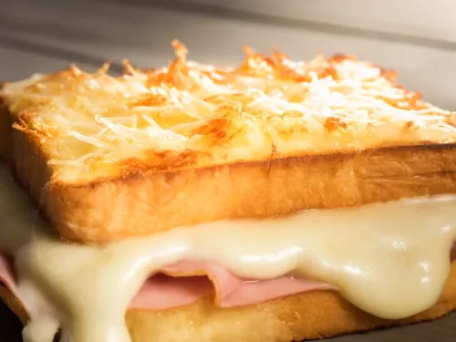 A close-up photo of a French-style Croque Monsieur sandwich with a layer of creamy béchamel sauce and melted grated cheese on top. The cheese layer is