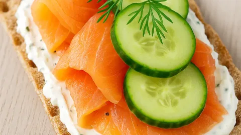 Knäckebröd met heksenkaas, zalm, komkommer en dille